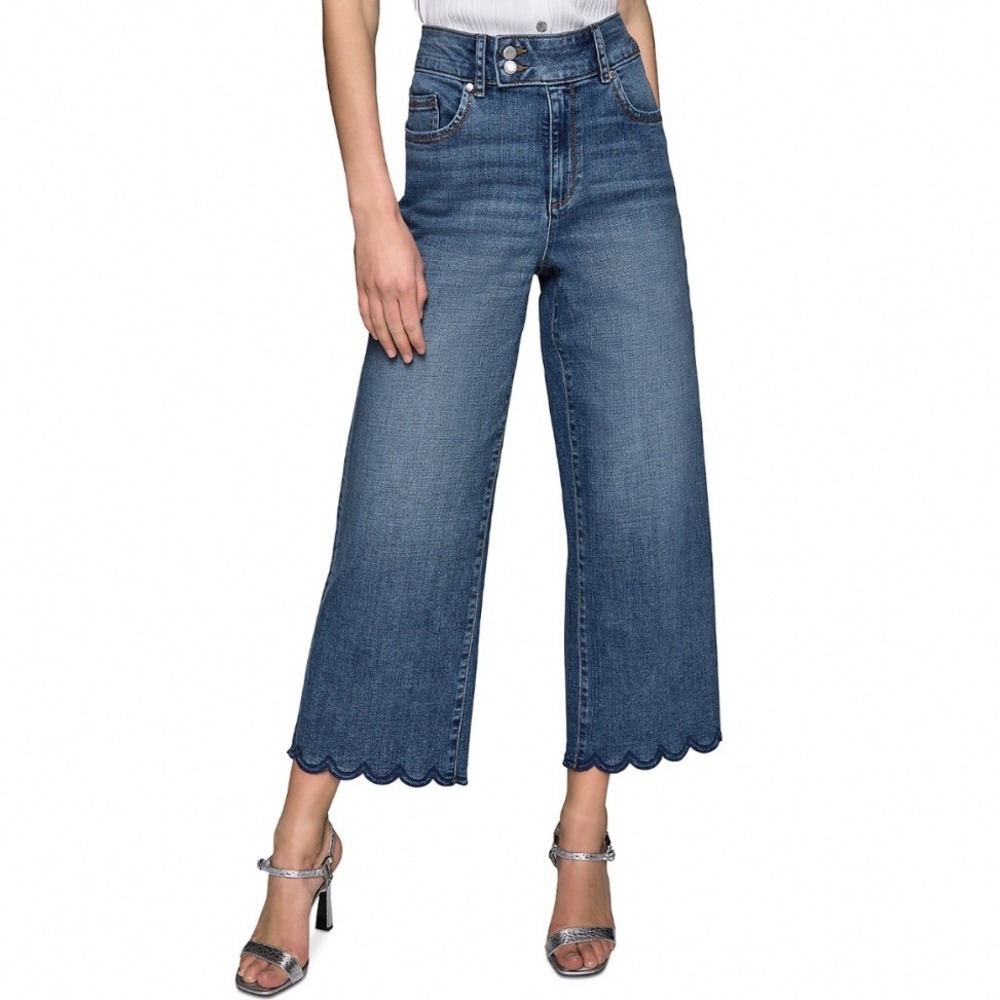 Karl Lagerfeld Paris Womens High Rise Scalloped‎ Wide Leg Jeans Coastal Blue 6